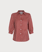 Red Collar Button Striped Shirt 02