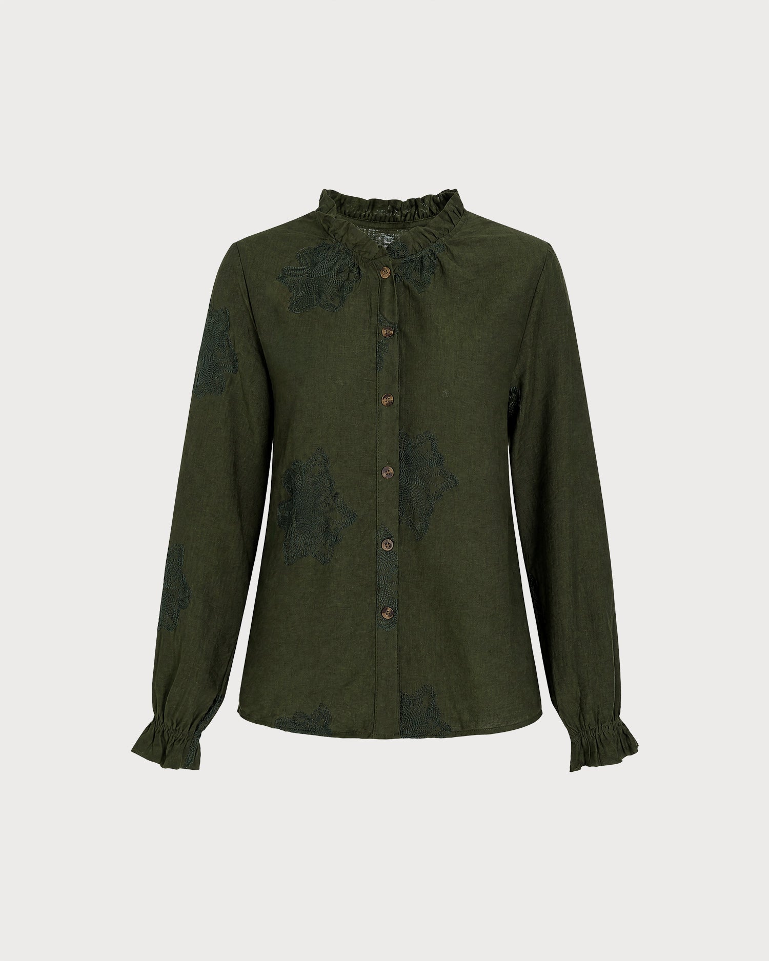 Green Embroidery Ruffled Button Shirt 01