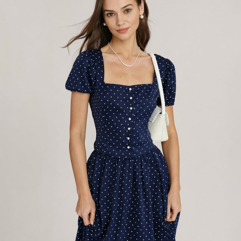 Blue square neck polka dot blouse for a structured spring outfit