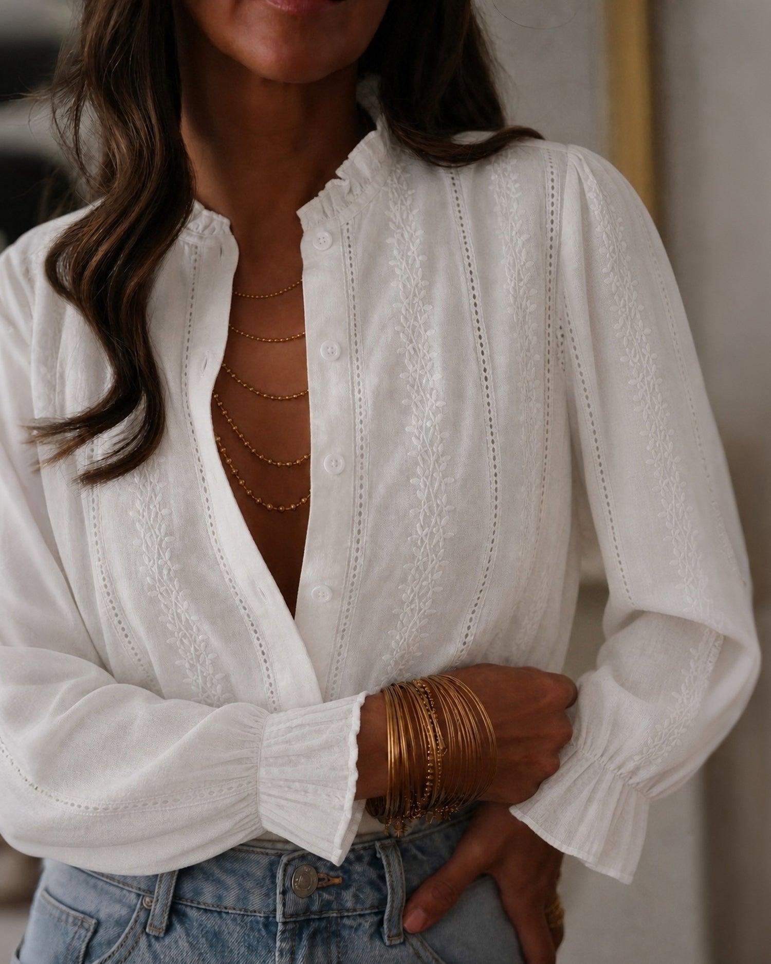 Women's Woven Polyester Shirt White Tops - RIHOAS