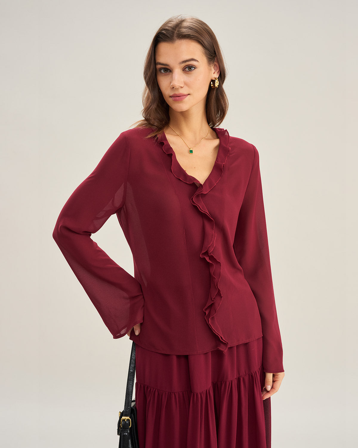 Women's Woven Polyester Shirt Wine Red Tops - RIHOAS
