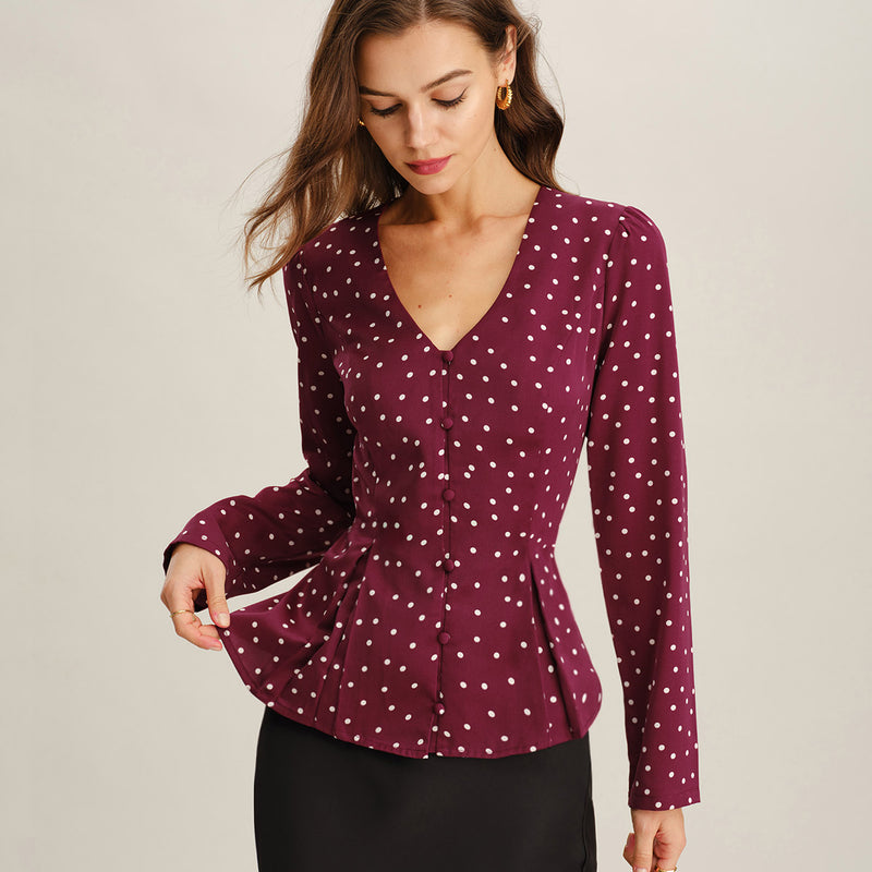 Wine red V neck polka dot blouse for a layered fall outfit