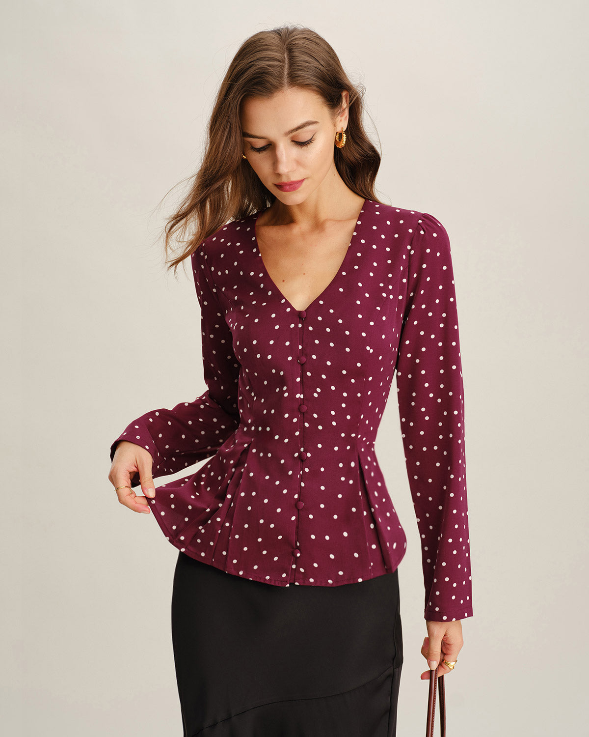 Women's Woven Polyester Shirt Wine Red Tops - RIHOAS