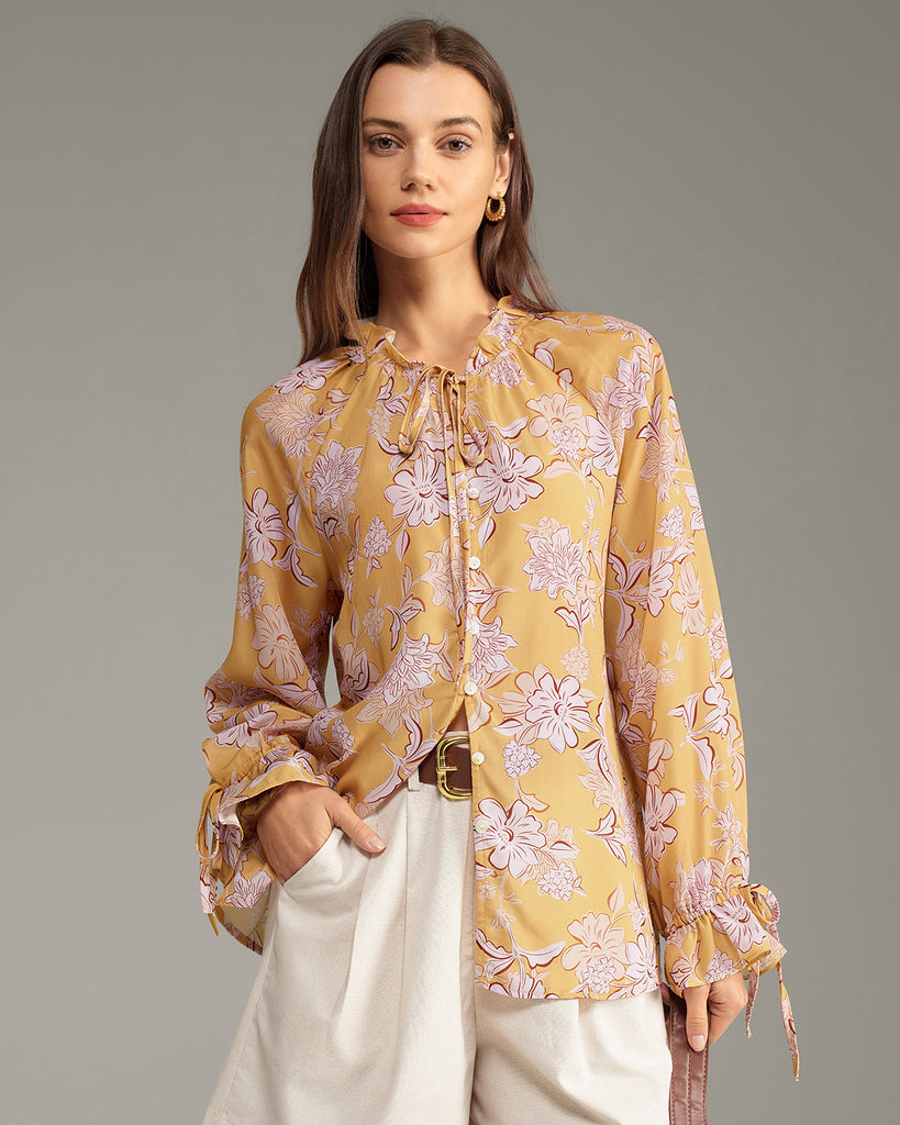 Women's Woven Polyester Shirt Yellow Tops - RIHOAS