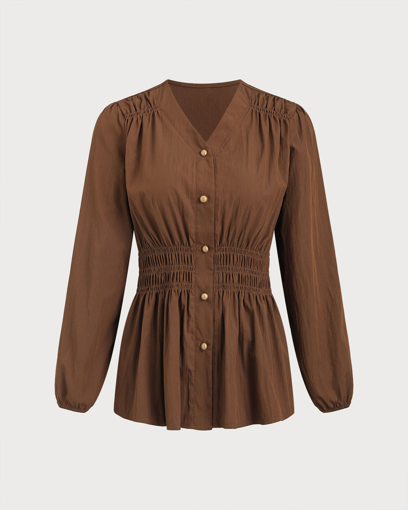 Women's Woven Polyester Shirts Brown Tops - RIHOAS