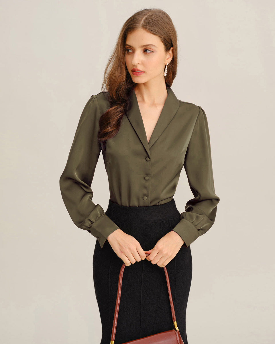 Green satin V neck button-up shirt for women's officewear