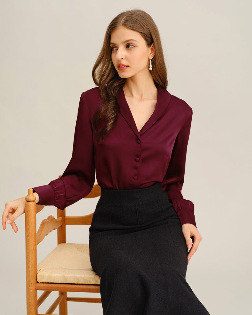 Women's Woven Polyester Shirts Wine Red Tops - RIHOAS