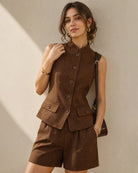 Brown Solid Button Pockets Shorts - RIHOAS - 01