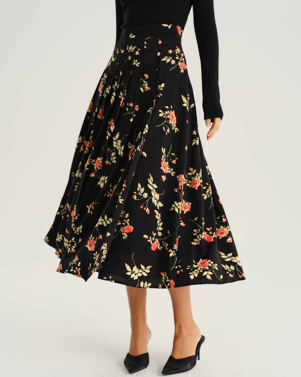 Black floral A-line midi skirt, a versatile vintage-style skirt
