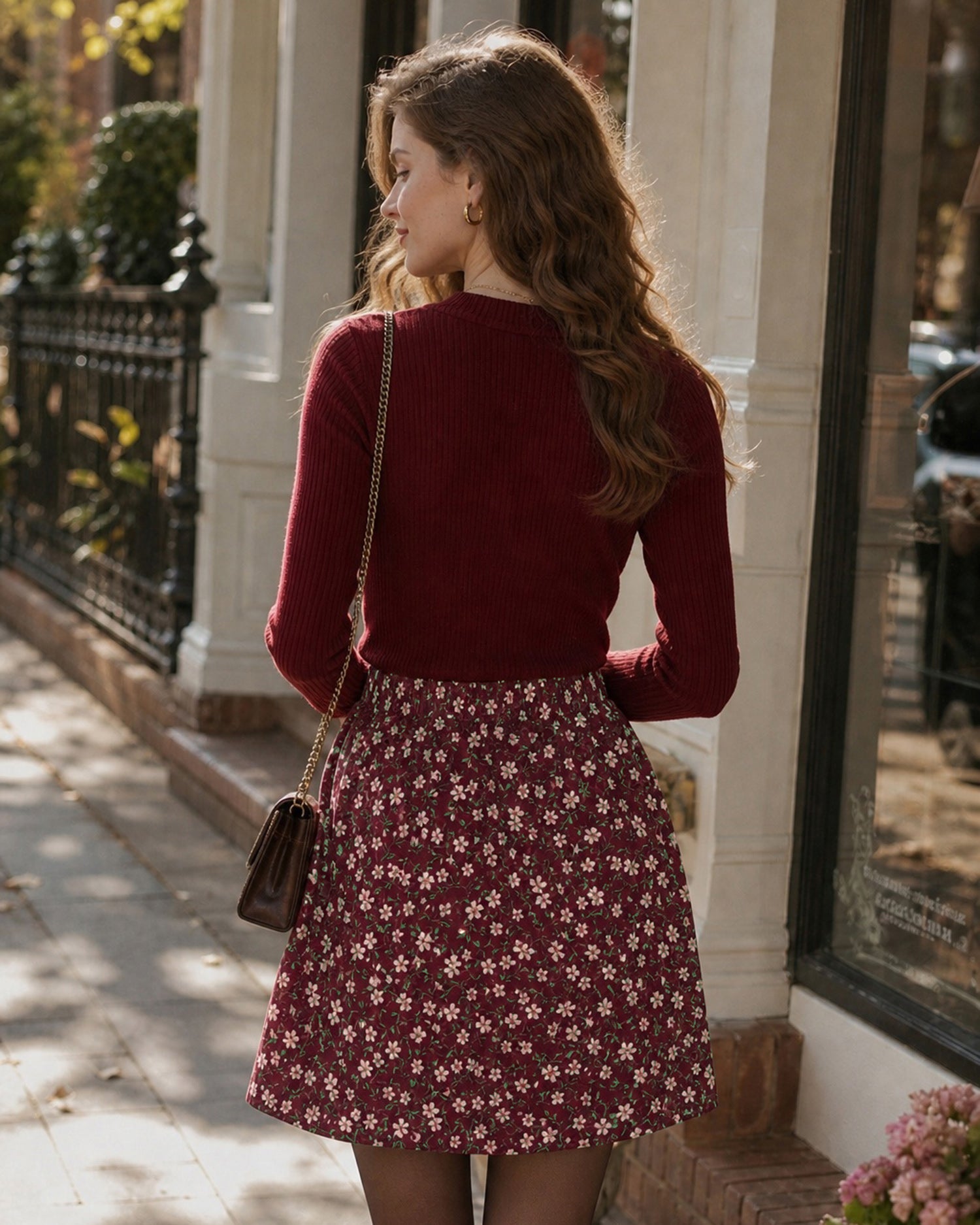 Red Elastic Waist Floral Mini Skirt 03