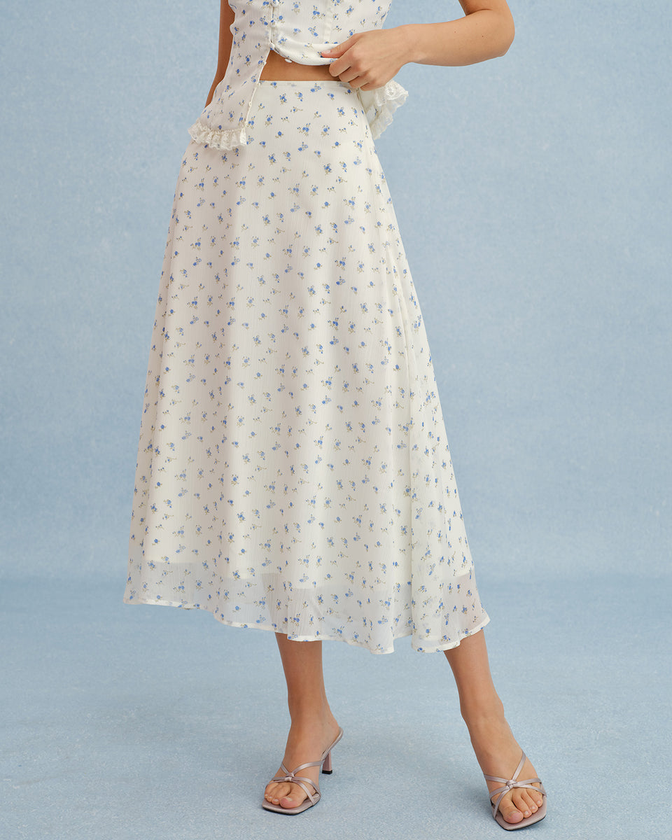 Beige floral chiffon midi skirt, a flowy 1970s vintage-style skirt