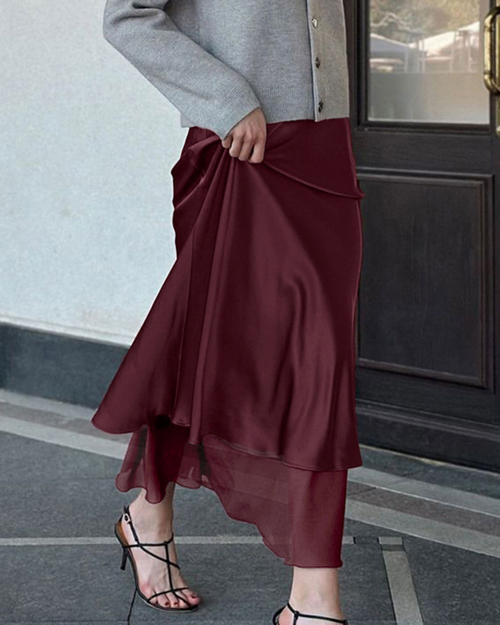 Women's Woven Polyester Skirt Wine Red Bottoms - RIHOAS