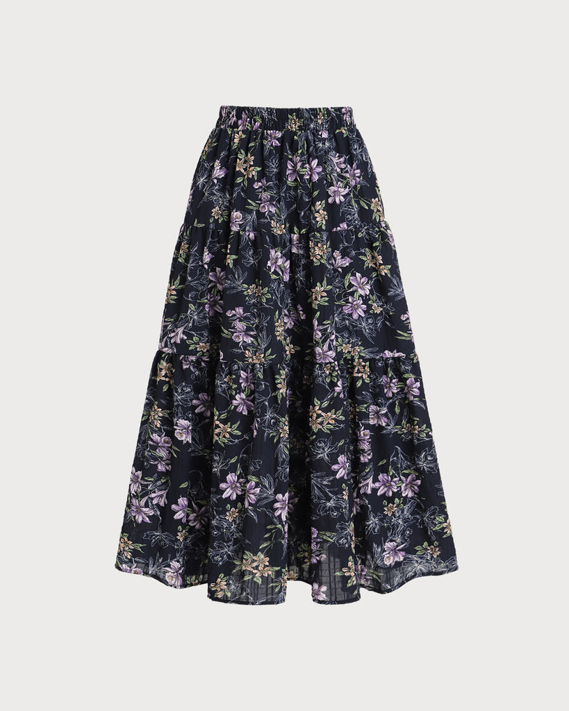Black Floral Elastic Waist Midi Skirt - RIHOAS