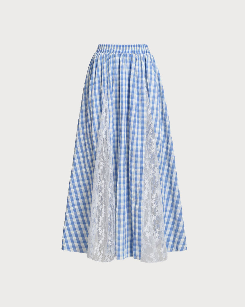 Blue Plaid Elastic Waist Midi Skirt - RIHOAS