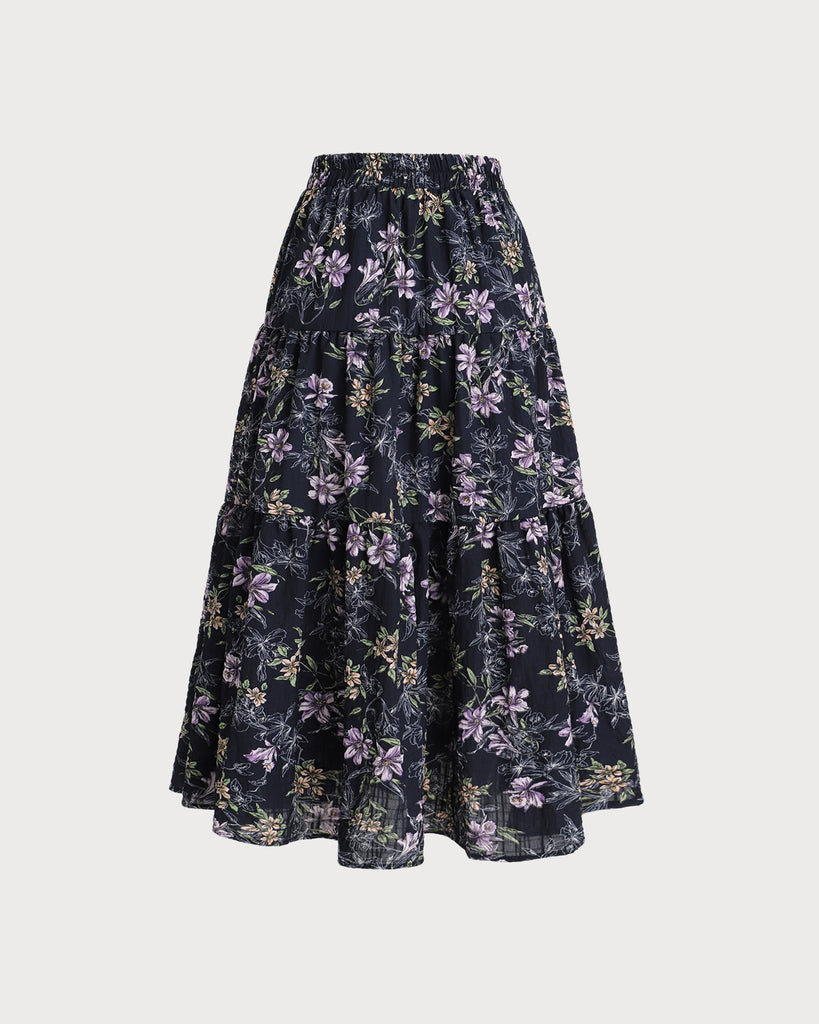 Black Floral Elastic Waist Midi Skirt - RIHOAS
