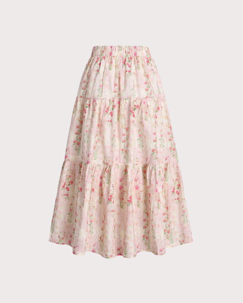Pink Floral Elastic Waist A-Line Midi Skirt - RIHOAS