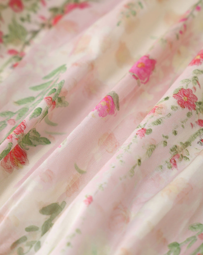 Pink Floral Elastic Waist A-Line Midi Skirt - RIHOAS