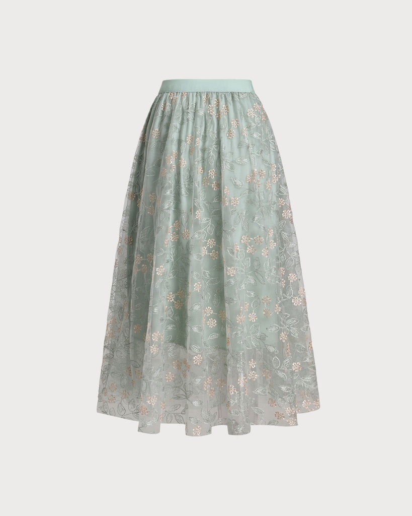 Green Embroidery Elastic Waist Midi Skirt - RIHOAS