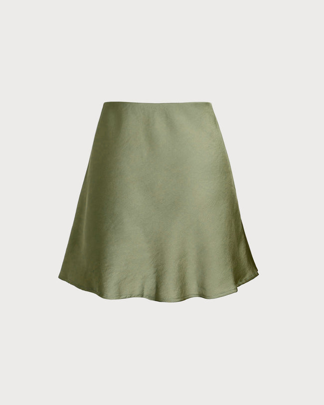 Green Satin Elastic Waist A-Line Mini Skirt - RIHOAS