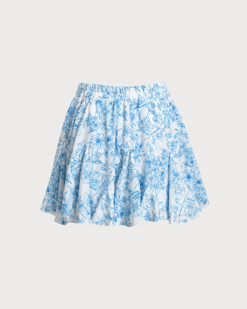 Blue Floral Elastic Waist Mini Skirt - RIHOAS