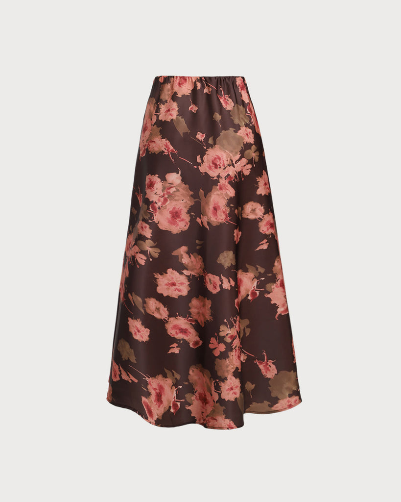 Brown Floral Straight Midi Skirt - RIHOAS