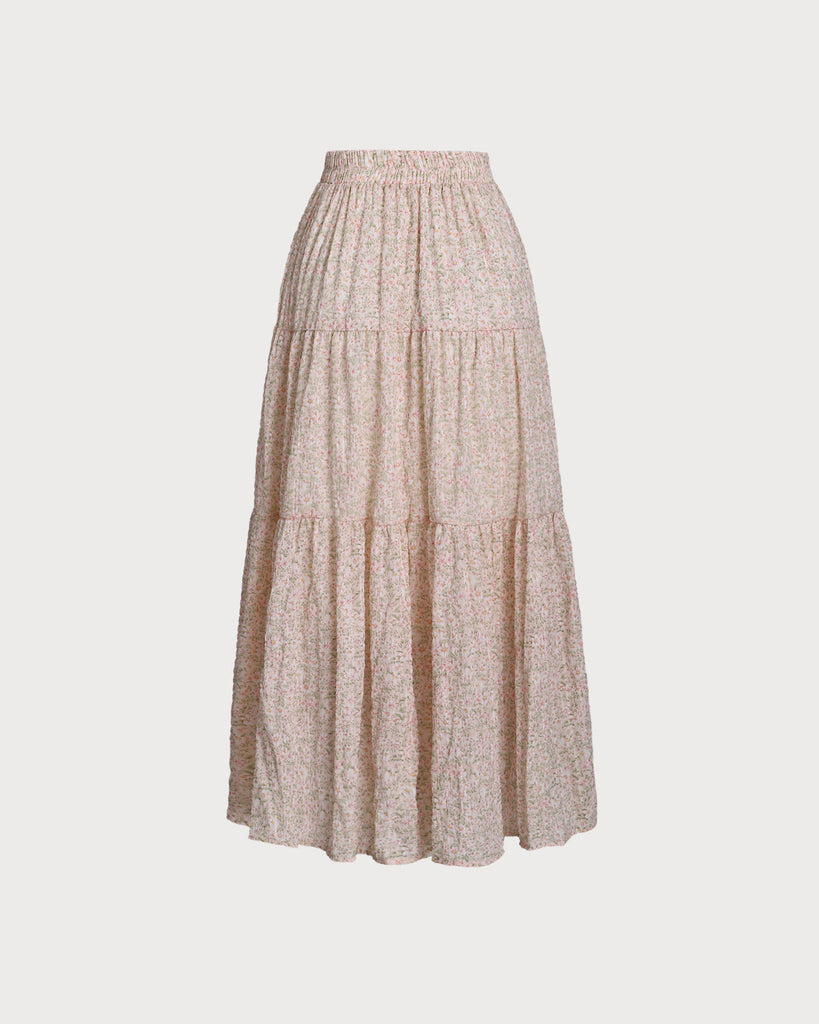 Pink Floral Elastic Waist Pleated Midi Skirt - RIHOAS