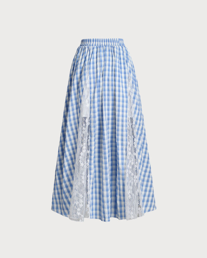 Blue Plaid Elastic Waist Midi Skirt - RIHOAS