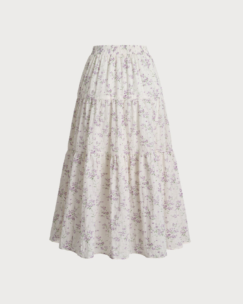 Purple Floral Elastic Waist Midi Skirt - RIHOAS