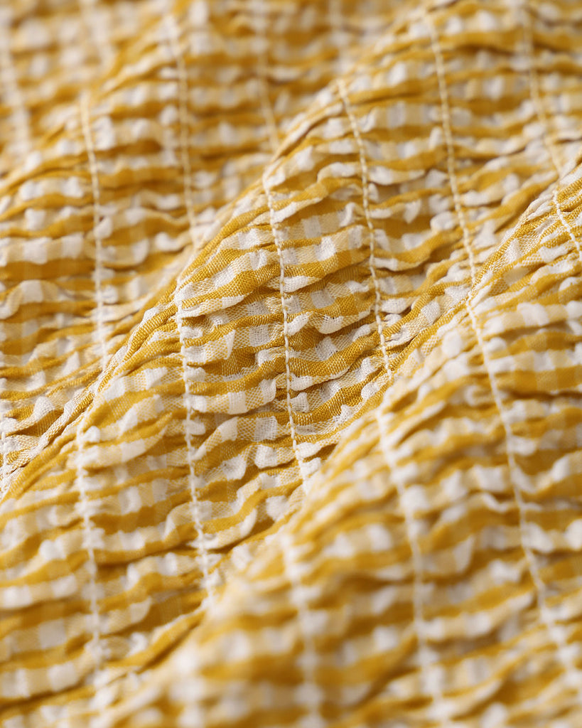 Yellow Plaid Shirred Button Mini Dress  - RIHOAS