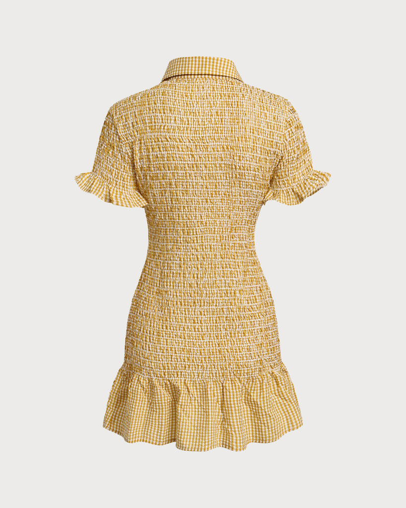 Yellow Plaid Shirred Button Mini Dress  - RIHOAS