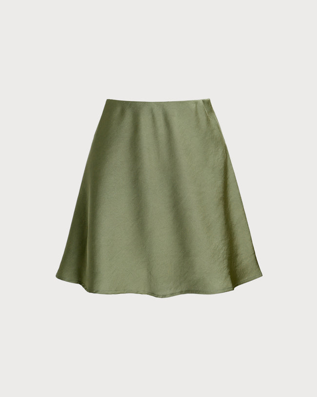 Green Satin Elastic Waist A-Line Mini Skirt - RIHOAS