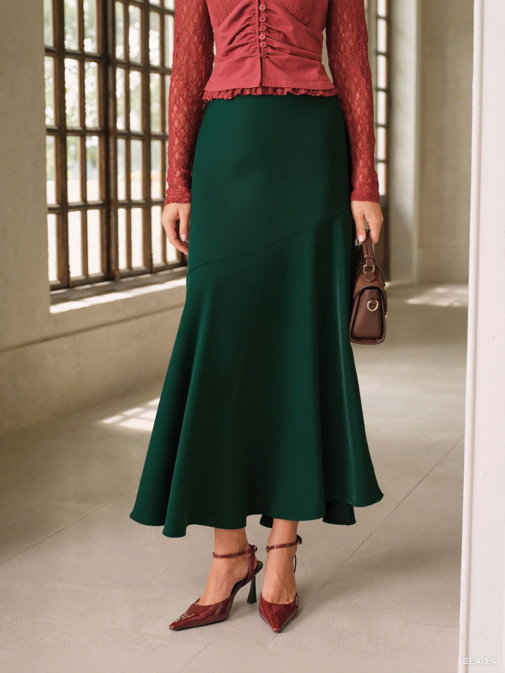 Women's Woven Polyester Skirts Green Bottoms - RIHOAS