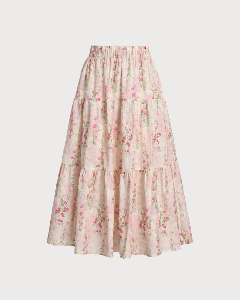 Pink Floral Elastic Waist A-Line Midi Skirt - RIHOAS