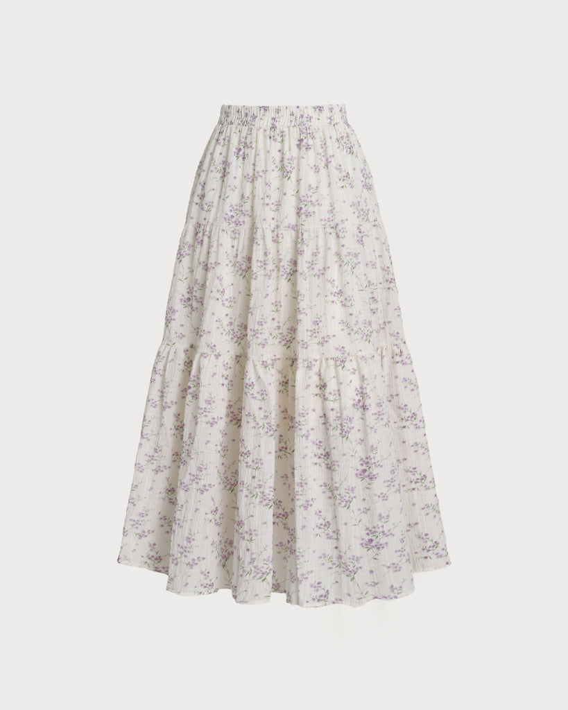 Purple Floral Elastic Waist Midi Skirt - RIHOAS