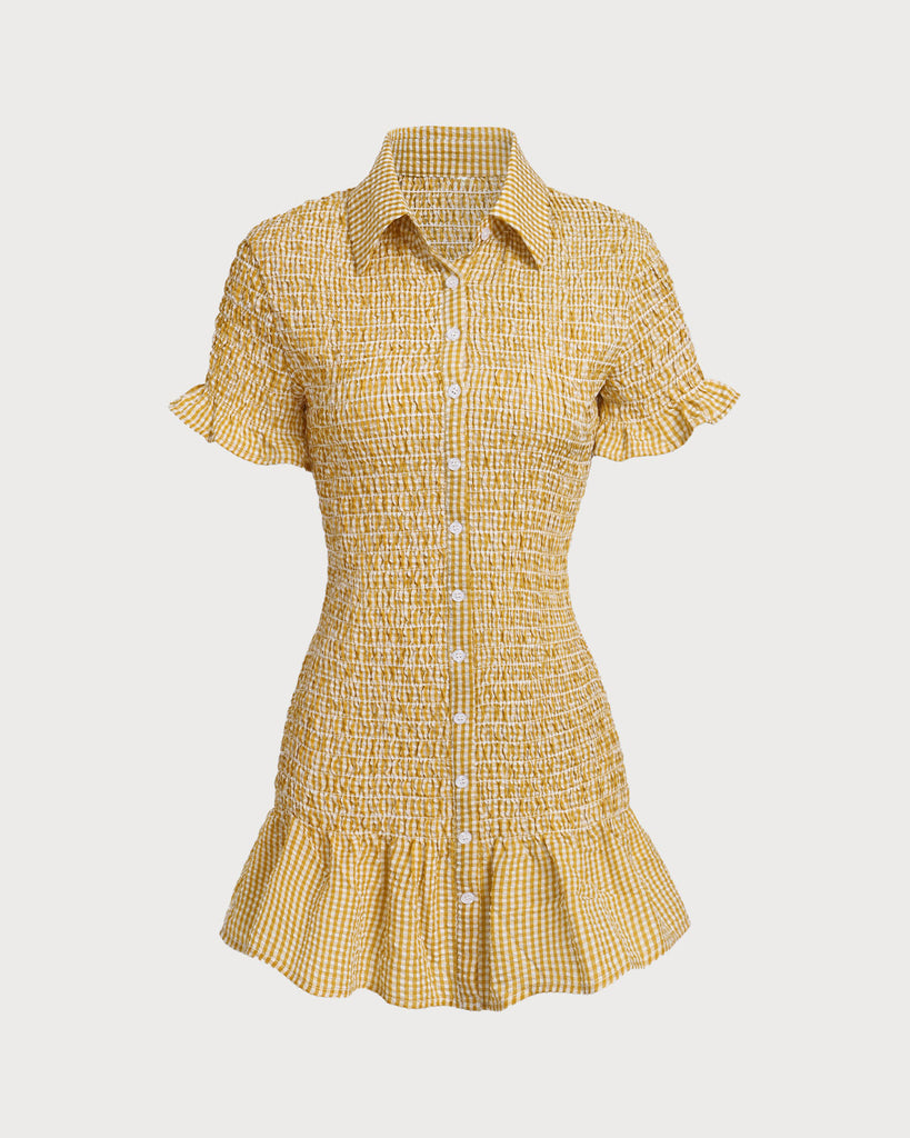 Yellow Plaid Shirred Button Mini Dress  - RIHOAS