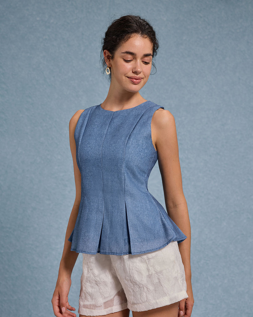 Women's Woven Polyester Tank Tops Blue Tops - RIHOAS