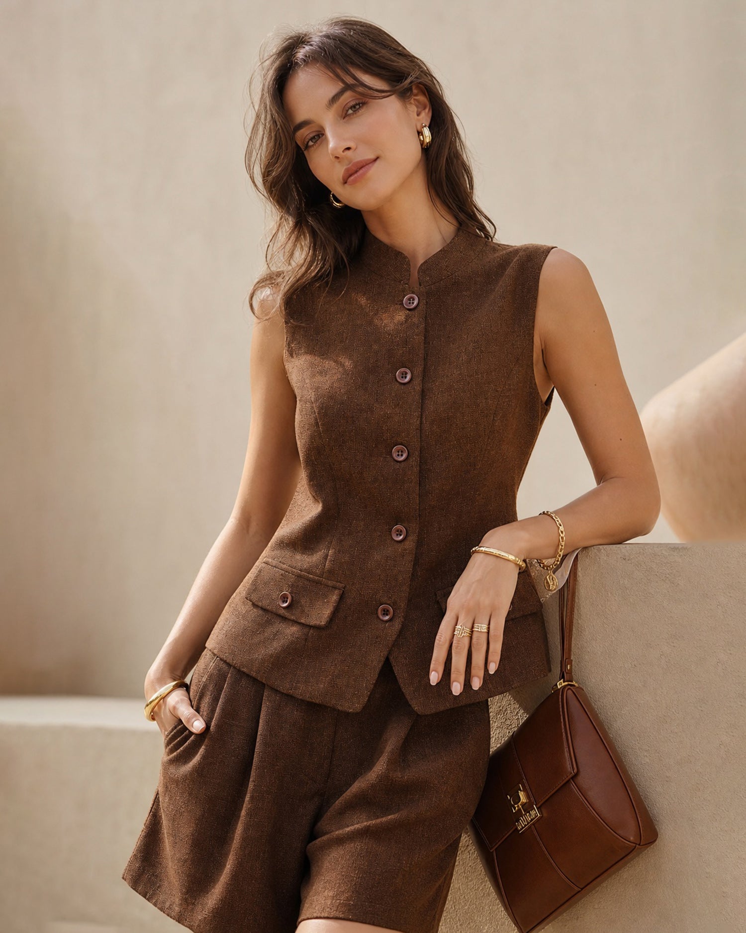 Brown Sleeveless Pockets Button Tank Top - RIHOAS - 01