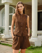 Brown Sleeveless Pockets Button Tank Top 02
