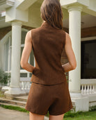 Brown Sleeveless Pockets Button Tank Top 03