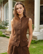 Brown Sleeveless Pockets Button Tank Top Brown - RIHOAS