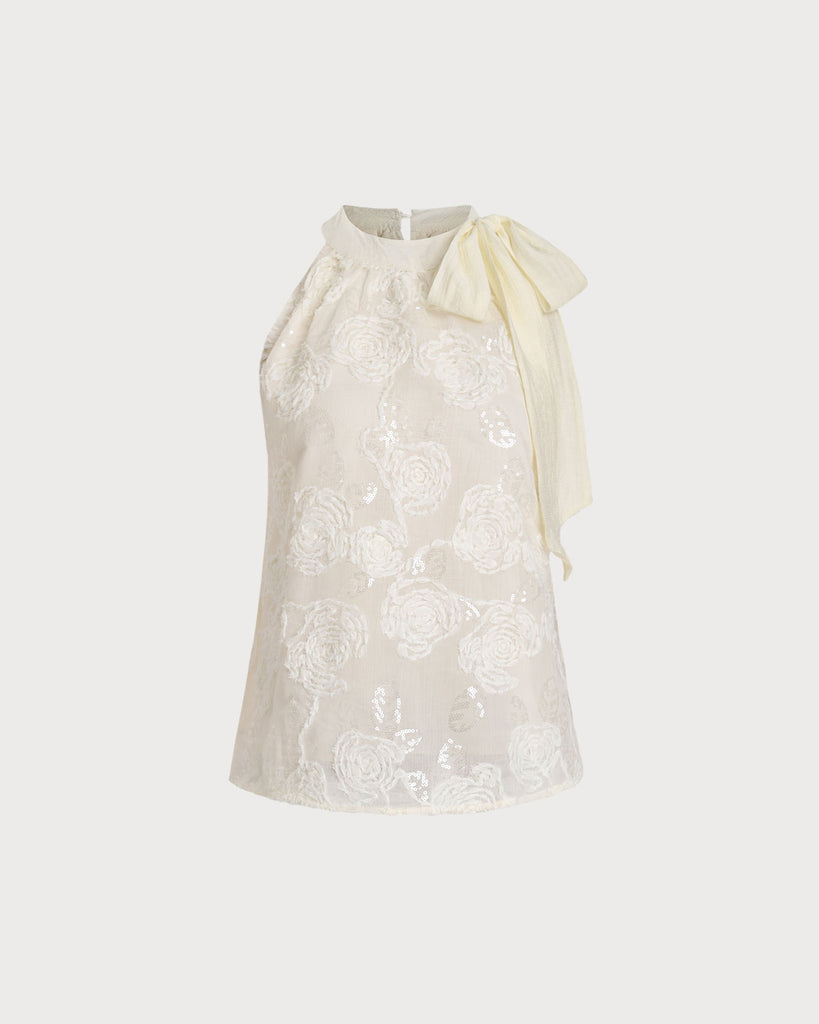 White Textured Tie-Neck Tank Top - RIHOAS