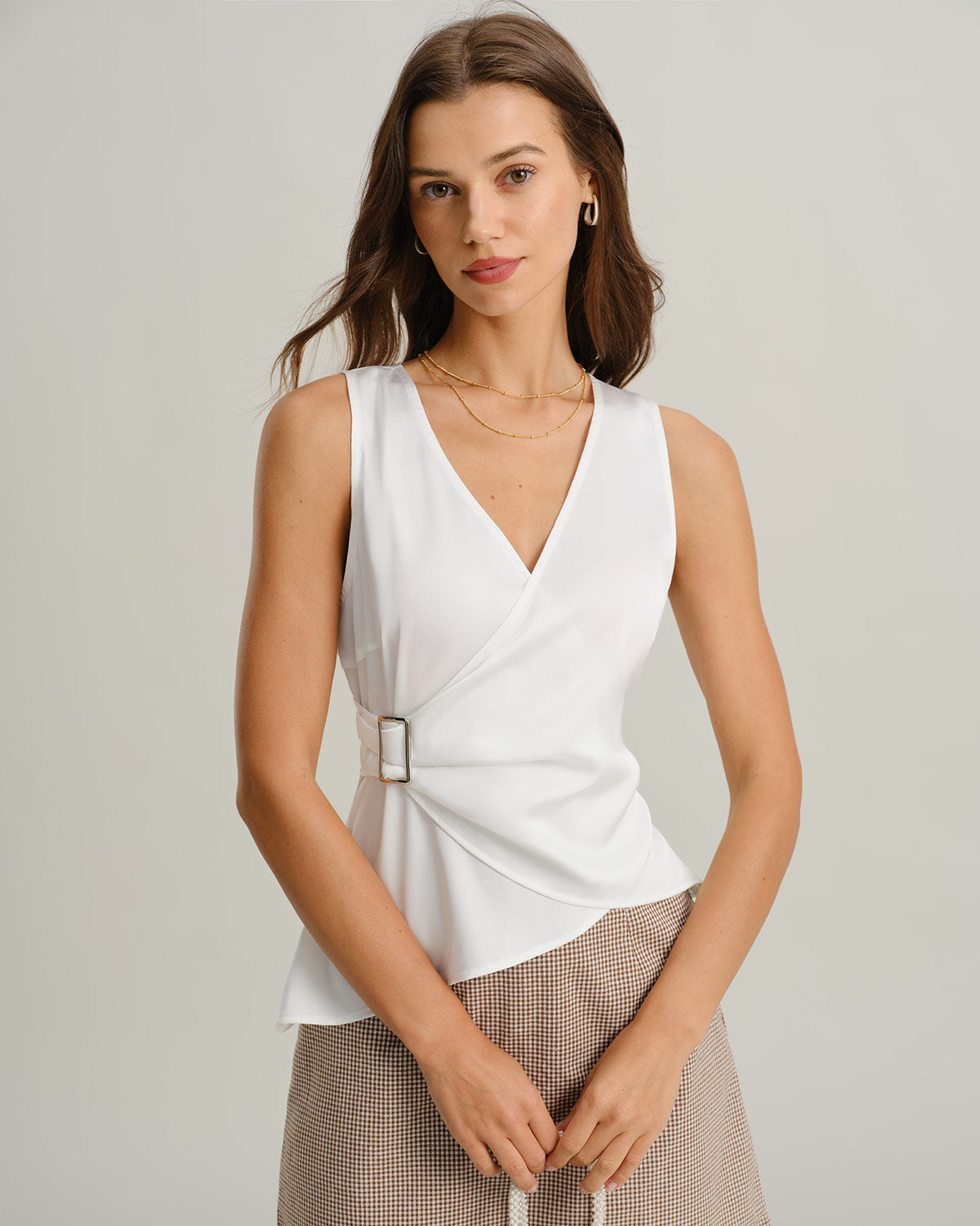 Women's Woven Polyester Tank Tops White Tops - RIHOAS