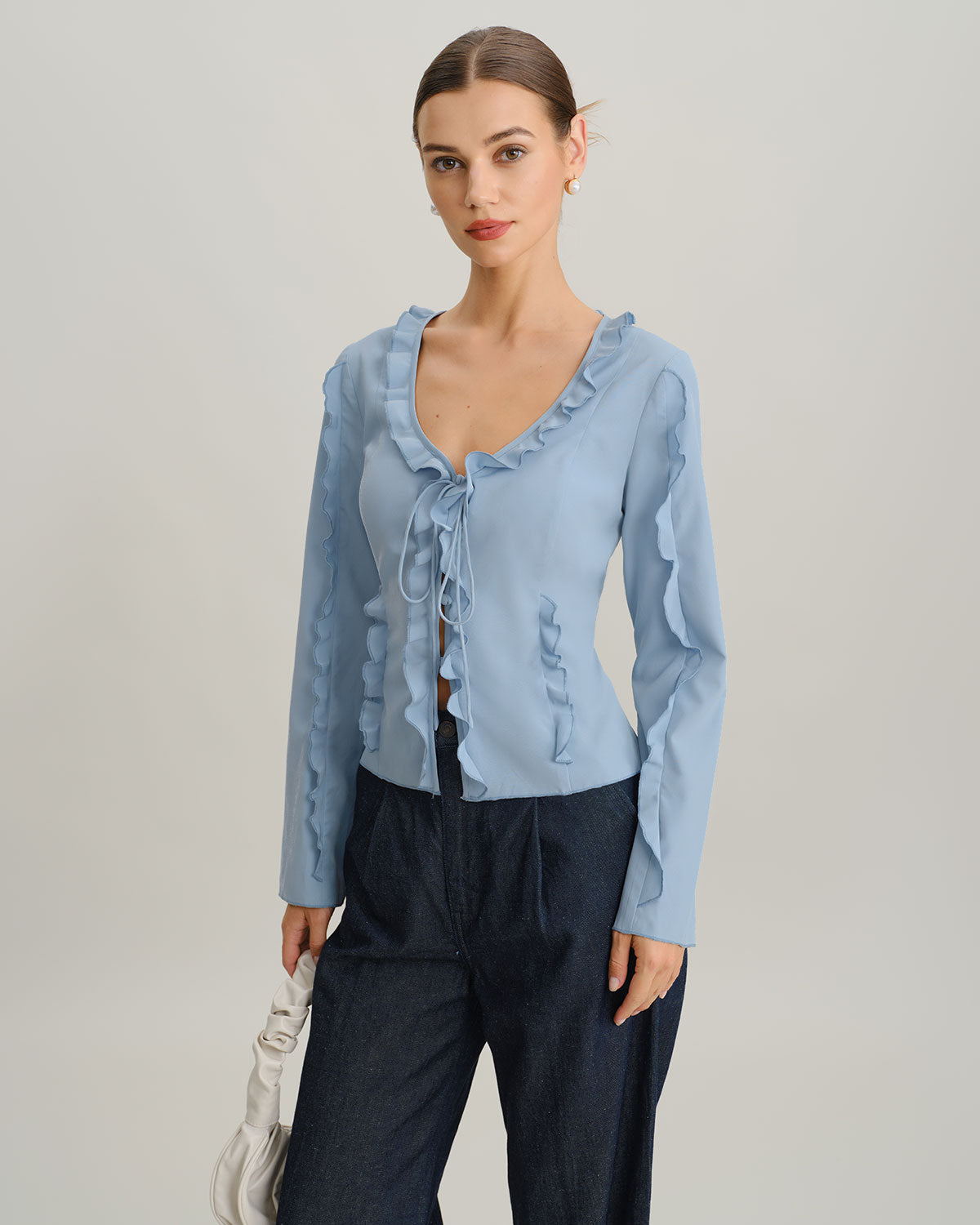 Women's Woven Polyester Tees Blue Tops - RIHOAS