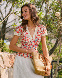 Women's Woven Polyester Tees Red Tops - RIHOAS