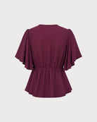 Wine Red V Neck Butterfly Sleeve Tee 03