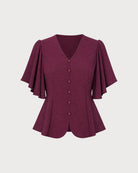 Wine Red V Neck Butterfly Sleeve Tee 02