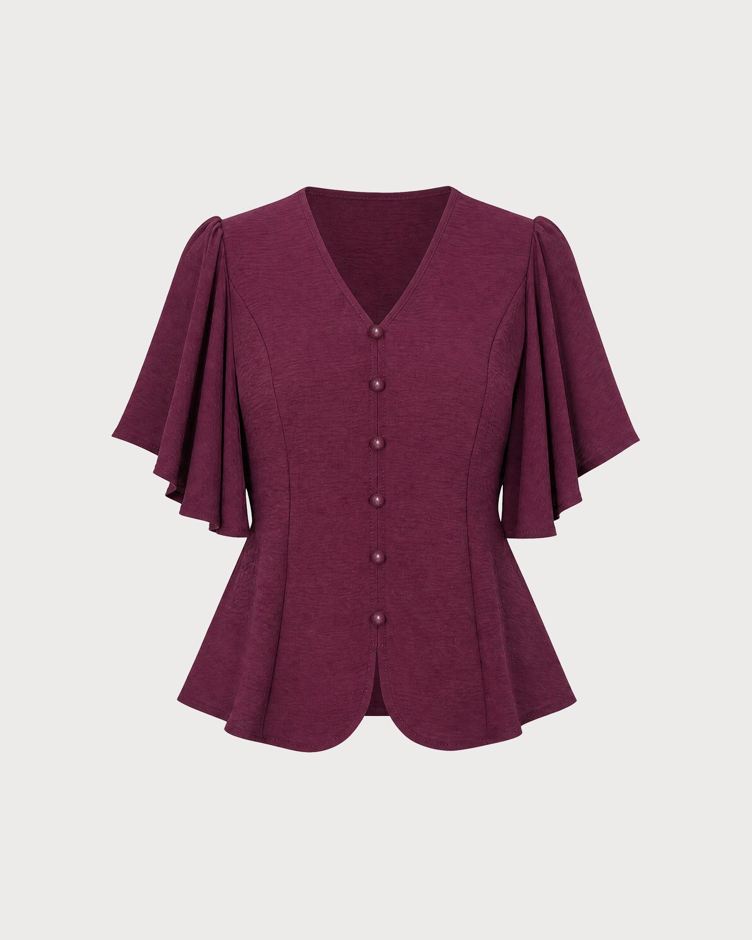 Wine Red V Neck Butterfly Sleeve Tee 02