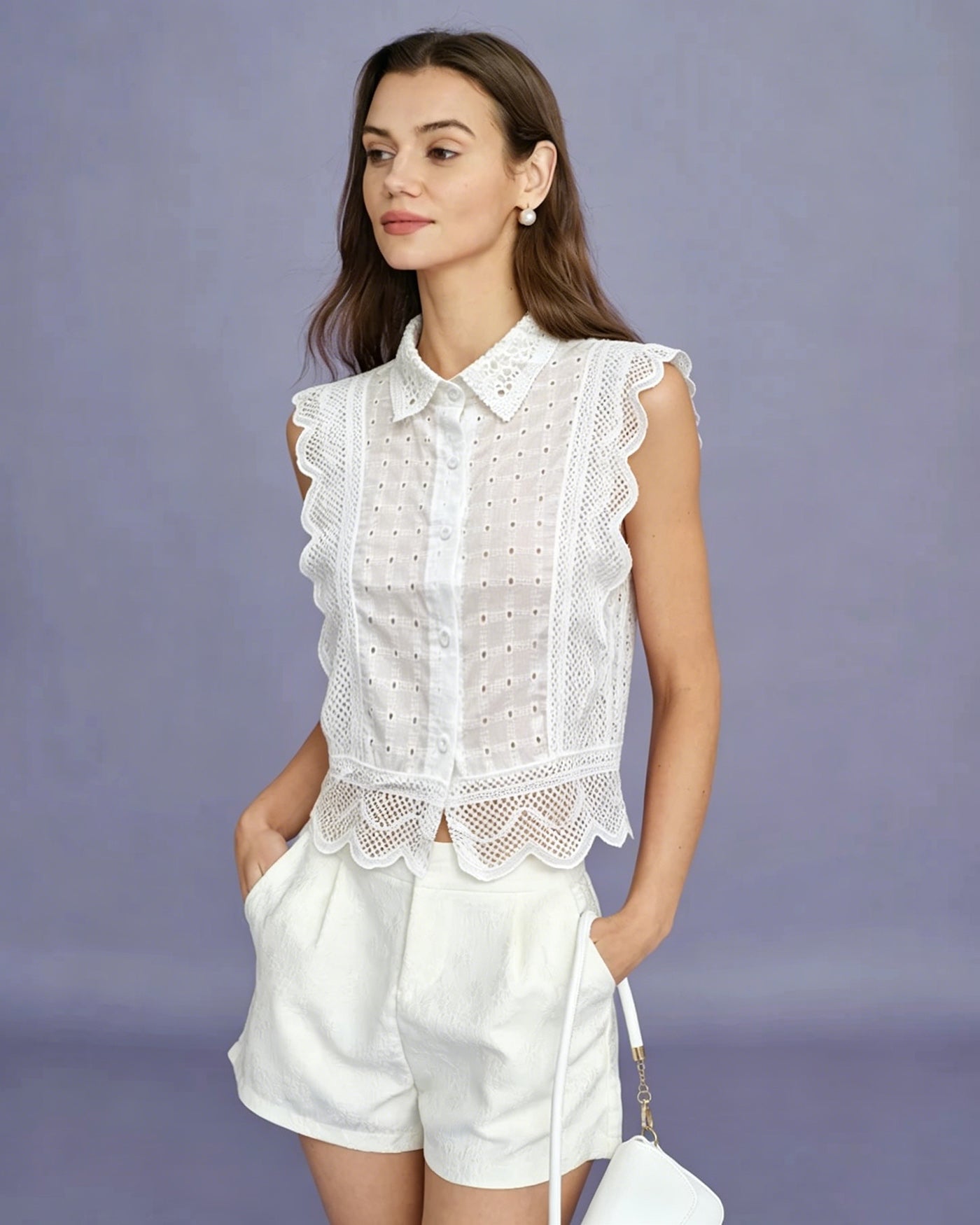 White Collar Cut Out Button Tank Top & Reviews - White - Tops | RIHOAS