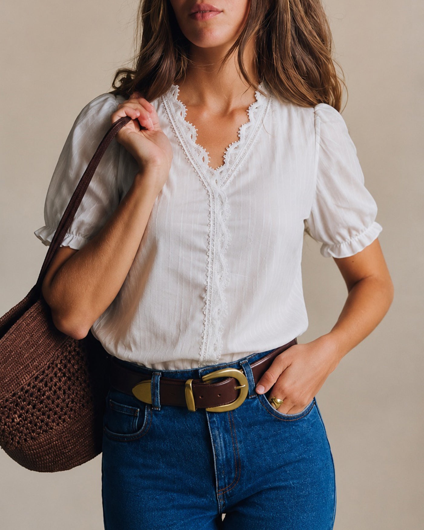 Women's Woven Polyester Top White Tops - RIHOAS