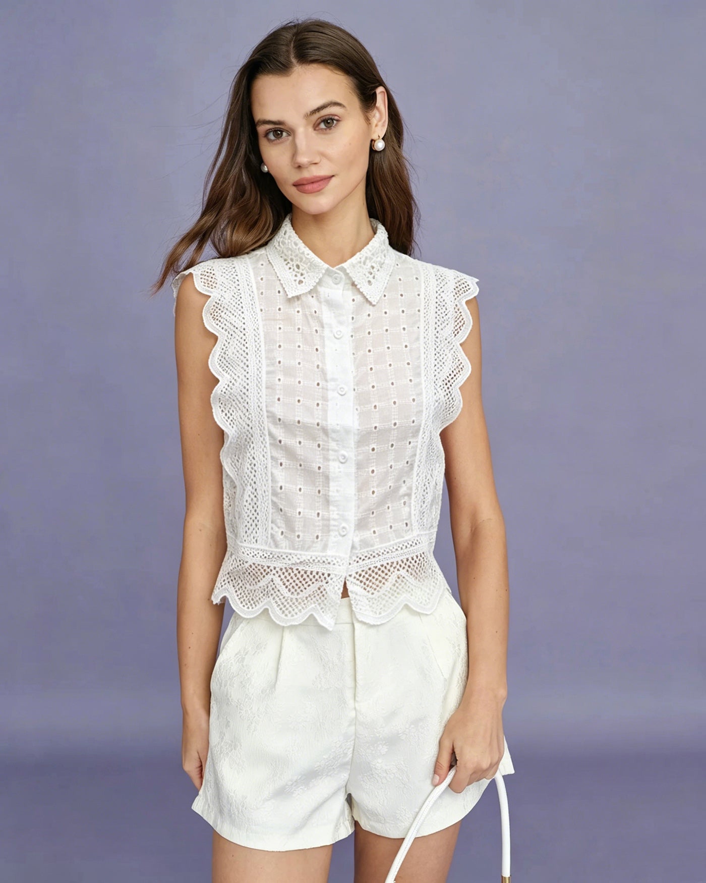 White Collar Cut Out Button Tank Top & Reviews - White - Tops | RIHOAS